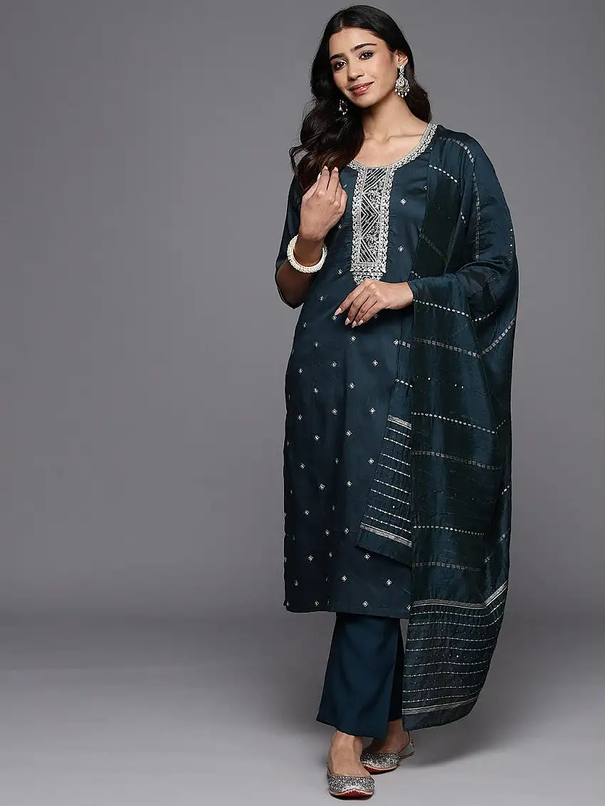 Blue Embroidered Silk Blend Straight Suit With Dupatta