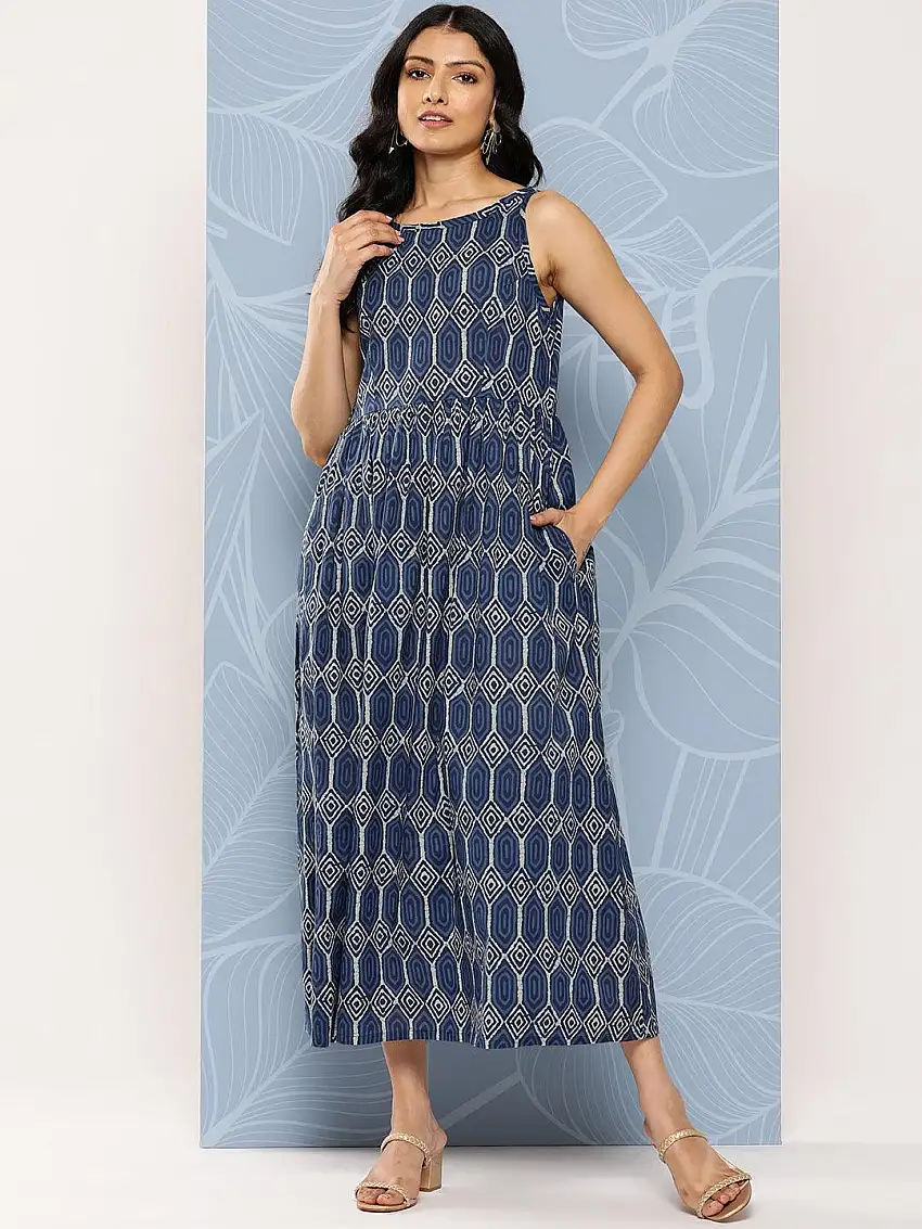 Blue Printed Cotton Fit and Flare Dress