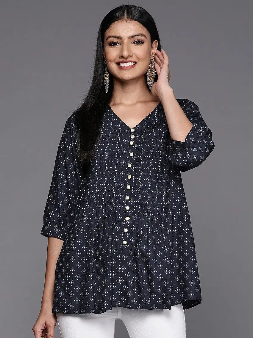 Blue Printed Rayon A-Line Kurti