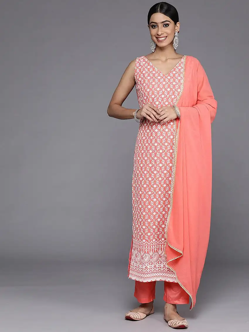 Coral Embroidered Georgette Straight Kurta With Dupatta
