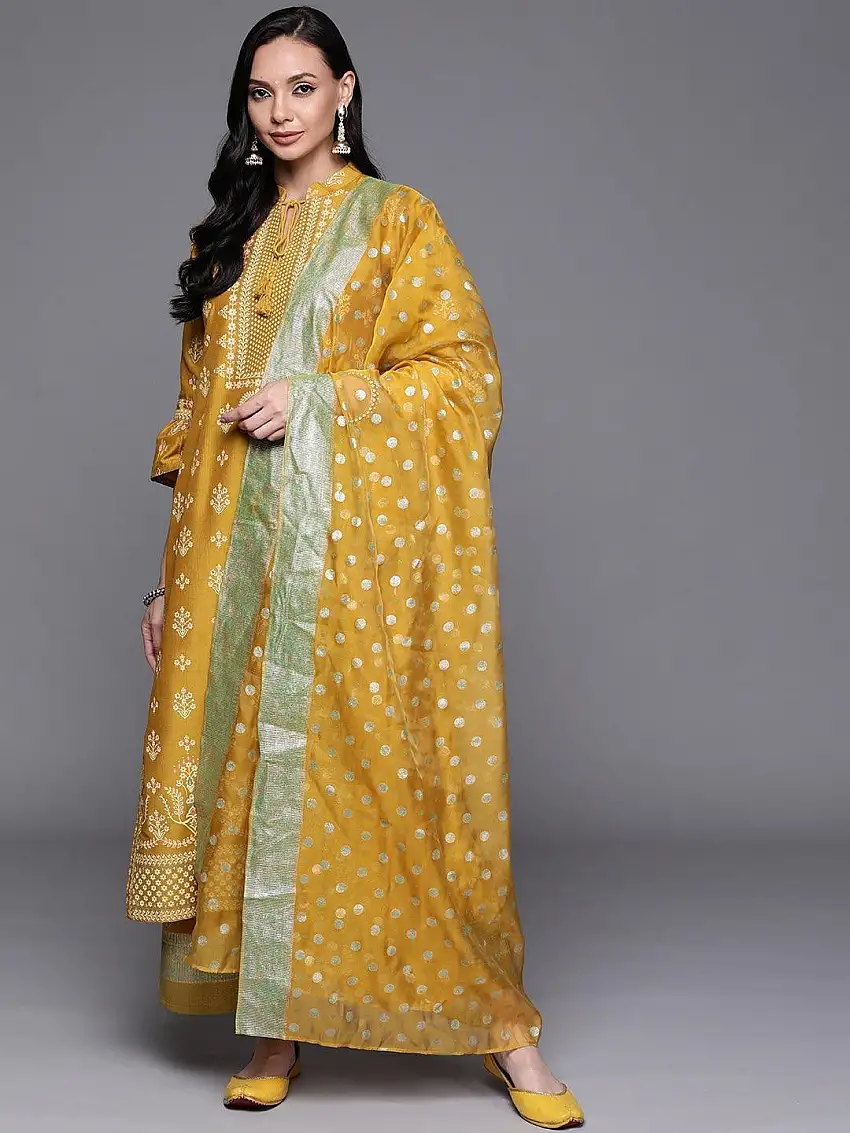 Yellow Printed Silk Blend Suit Set