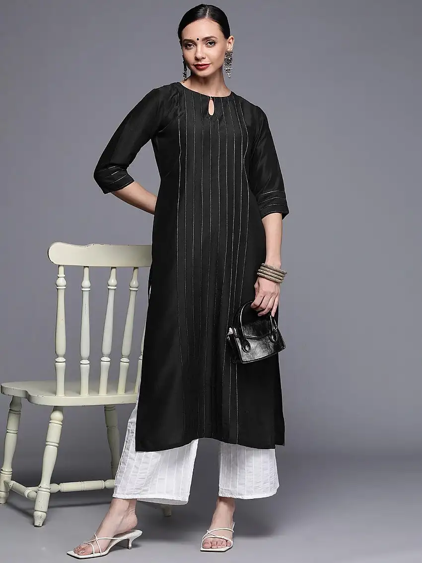 Black Solid Chanderi Silk Kurta