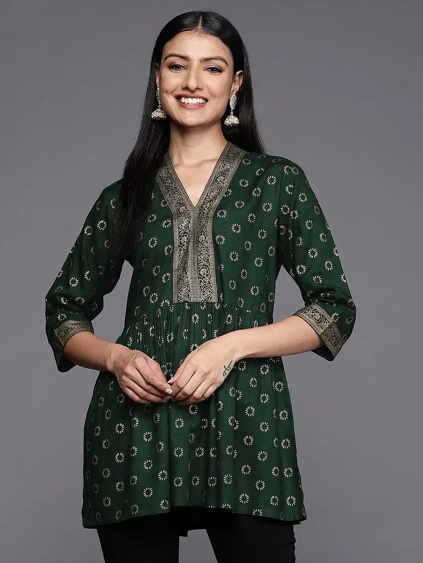Green Printed Rayon A-Line Kurti
