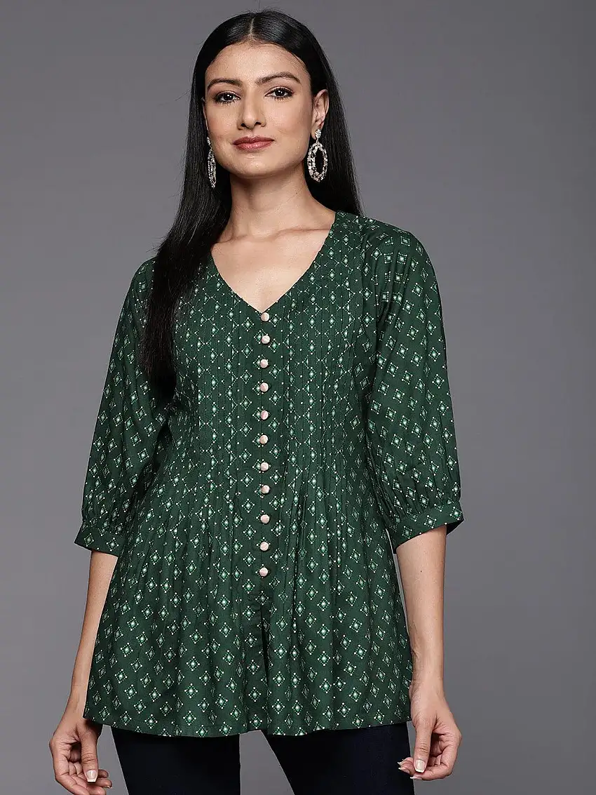 Green Printed Rayon A-Line Kurti