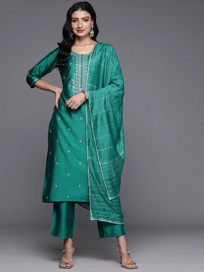 Green Yoke Design Silk Blend Straight Suit With Dupatta