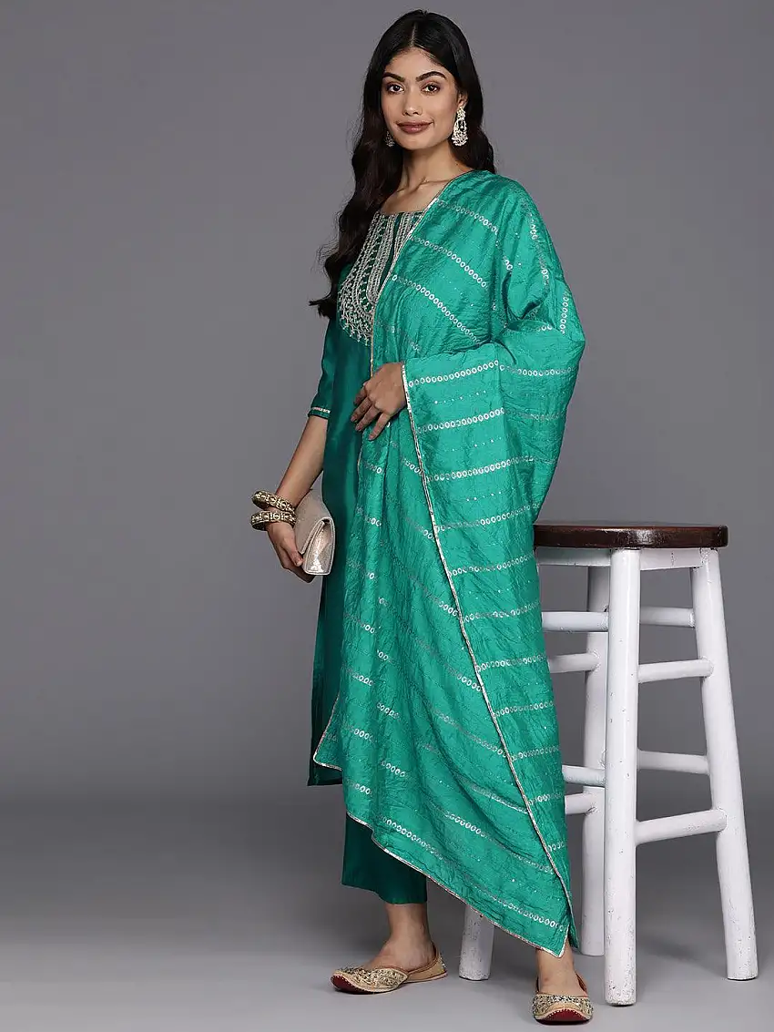 Green Yoke Design Silk Blend Straight Suit With Dupatta