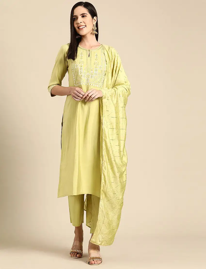 Green Yoke Design Silk Blend Straight Suit With Dupatta