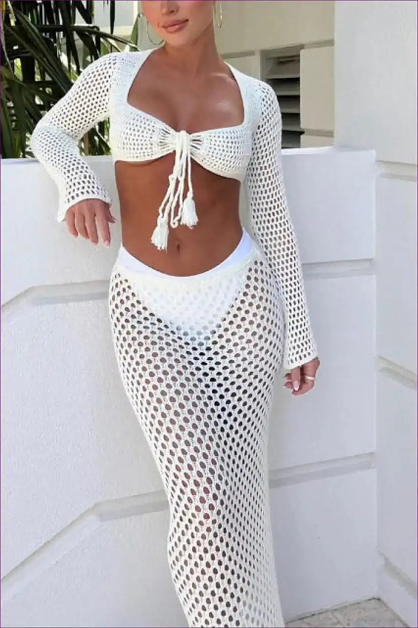 Alluring Lace Mesh Long Sleeve Set With Knitted Maxi Skirt