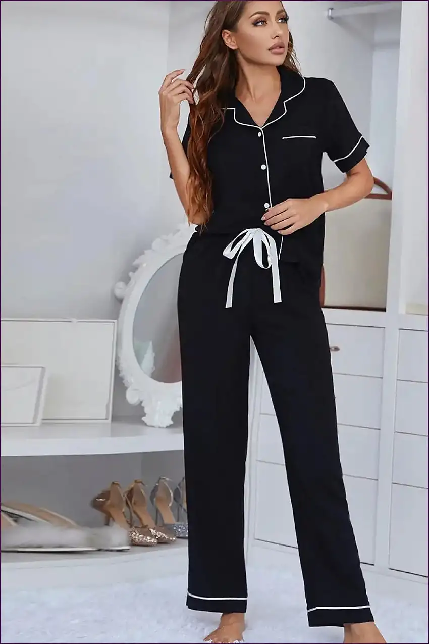 Black Front Tie Short Sleeve Pyjama Set - Luxurious Comfort For Ultimate