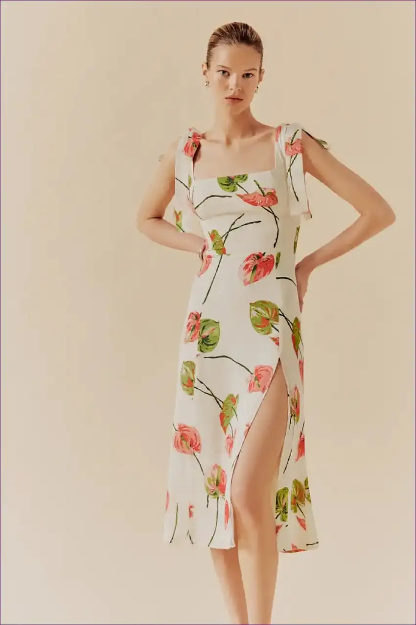 Boho Floral Midi Dress - Spaghetti Strap A-line With Split And Smocked Details