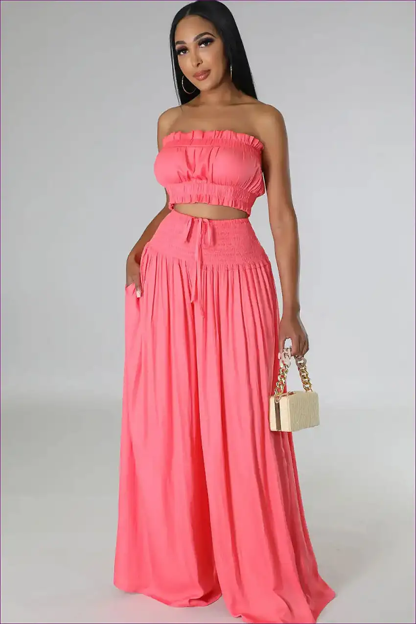 Elegant Strapless Crop Top And High Rise Ruffle Pants Set - Summer Style