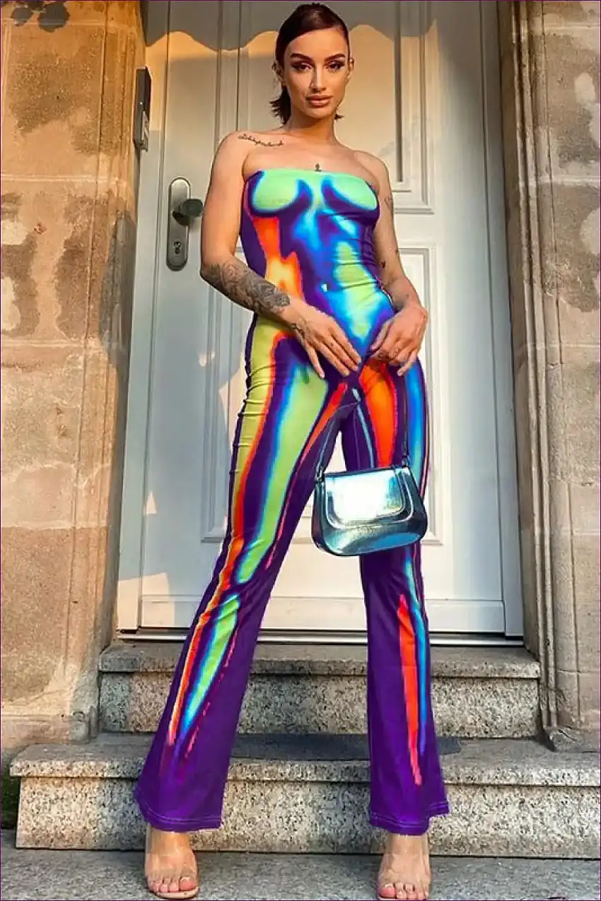 Sexy Strapless Slim-fit Jumpsuit With Abstract Print - Summer Style