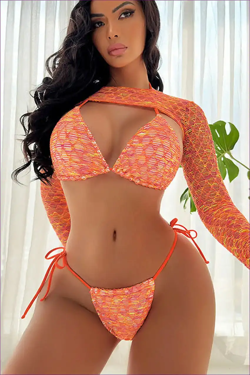 Trendy Three-piece Swimwear Set With Long Sleeve Mesh Coat - Beach Elegance