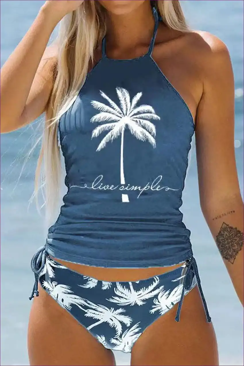 Tropical Coconut Tree Print Lace-up Swimsuit - Island Elegance