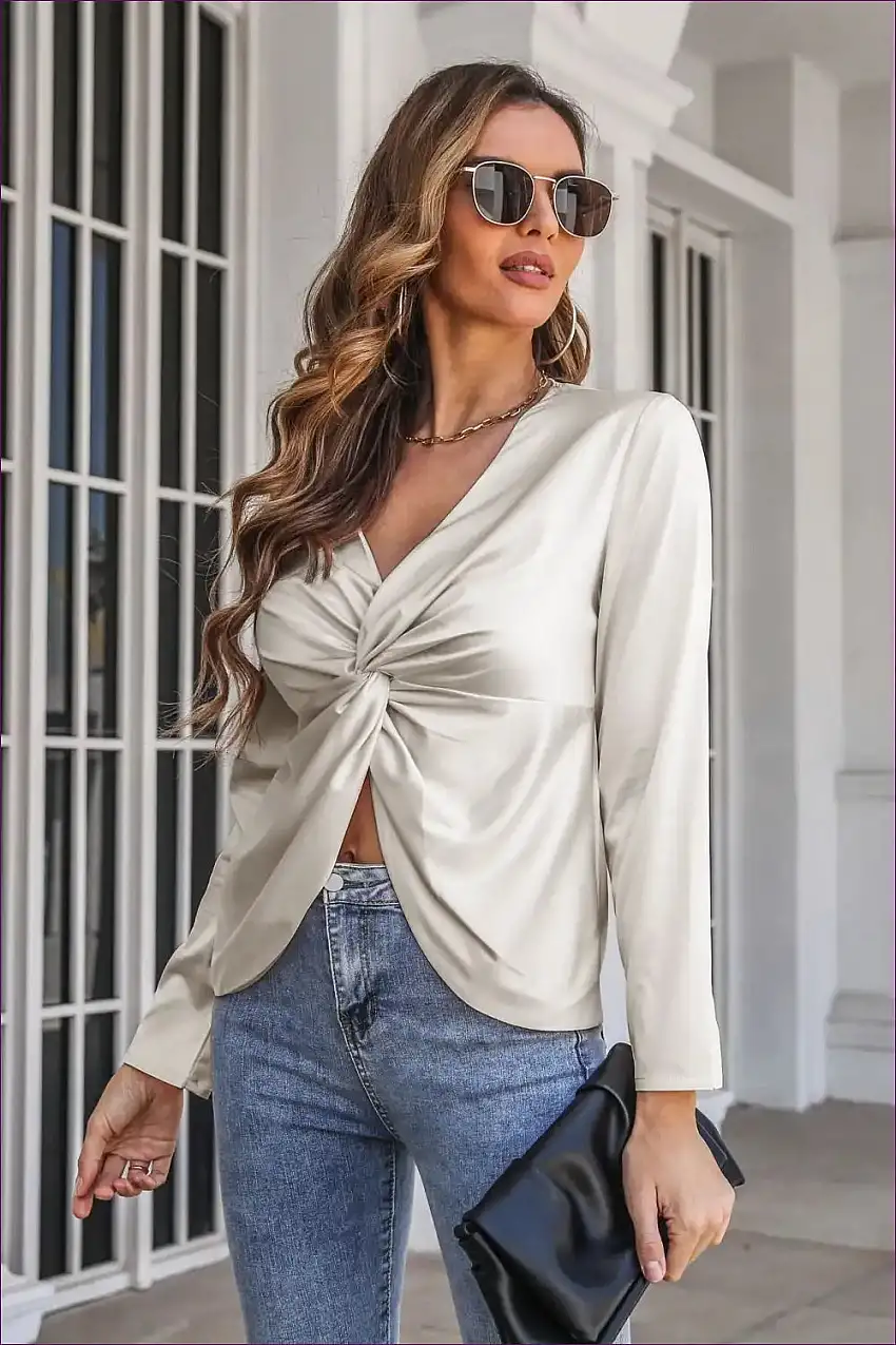 Twisted Satin V-neck Shirt - Elegant Sophistication