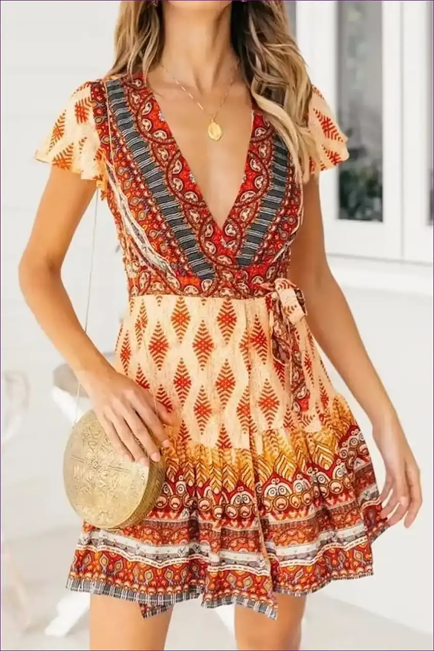 Vibrant Printed Boho A-line Dress With Ruffle Details - Perfect For Vacation