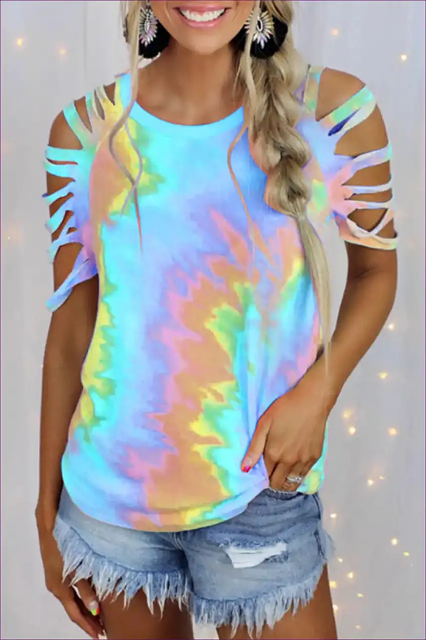 Vibrant Tie Dye Tee - Flirty Off-shoulder With Edgy Cutout
