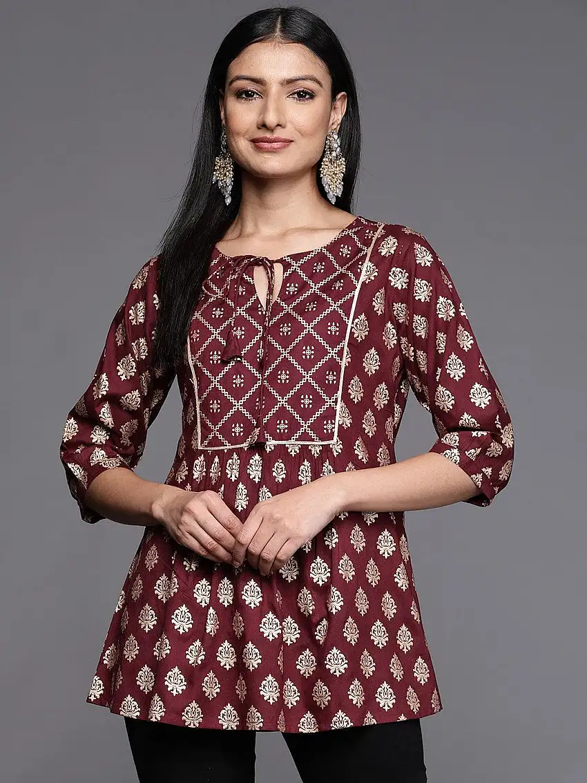 Maroon Printed Rayon A-Line Kurti