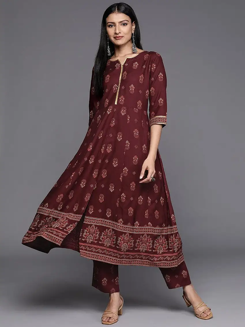 Maroon Printed Rayon Anarkali Kurta