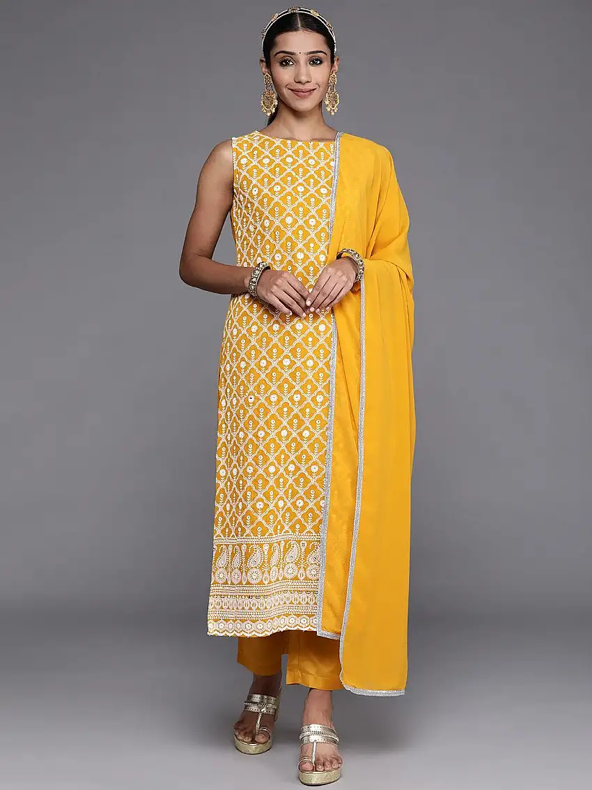 Mustard Embroidered Georgette Straight Kurta With Dupatta