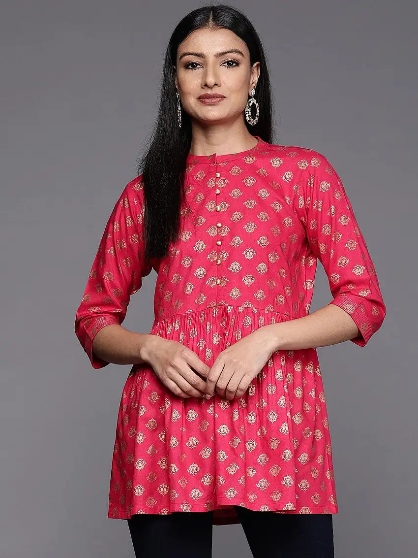Pink Printed Rayon A-Line Kurti