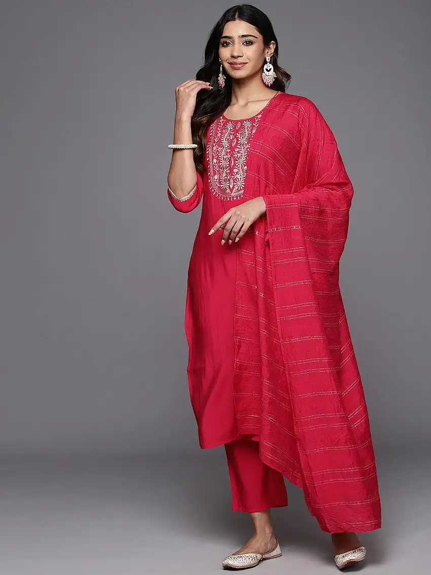 Pink Yoke Design Silk Blend Straight Suit With Dupatta