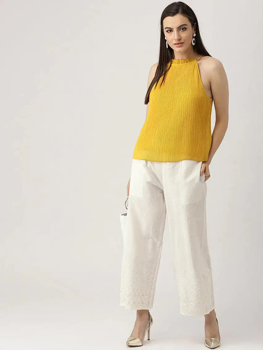 White Schiffli Cotton Palazzos