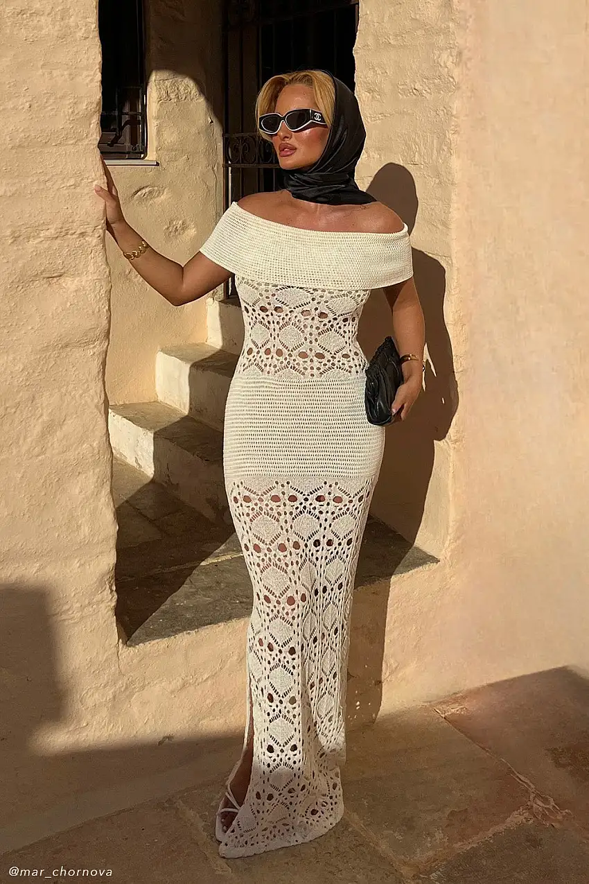 Solstice Off Shoulder Crochet Knit Maxi Dress - Ivory