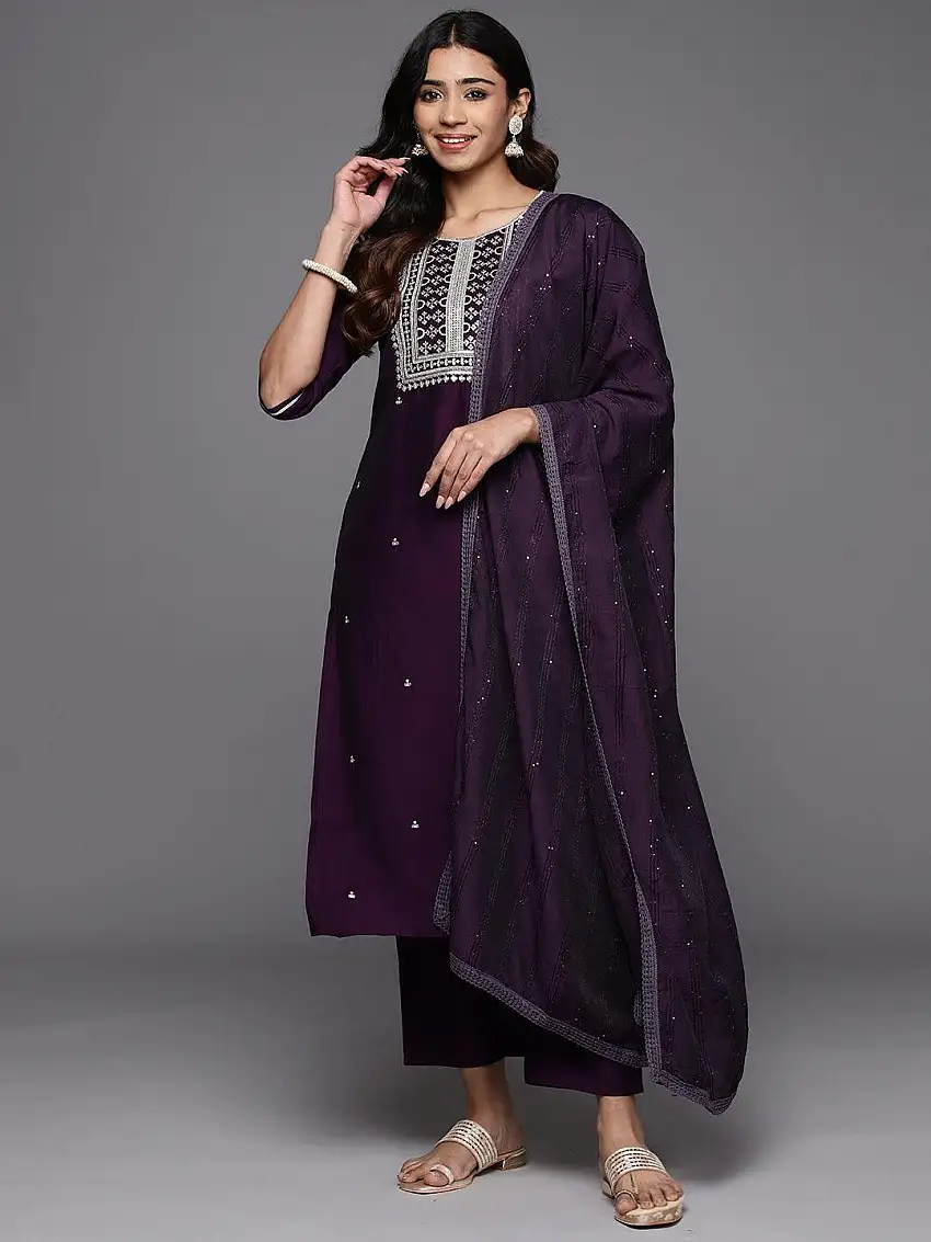 Purple Embroidered Silk Blend Straight Suit With Dupatta