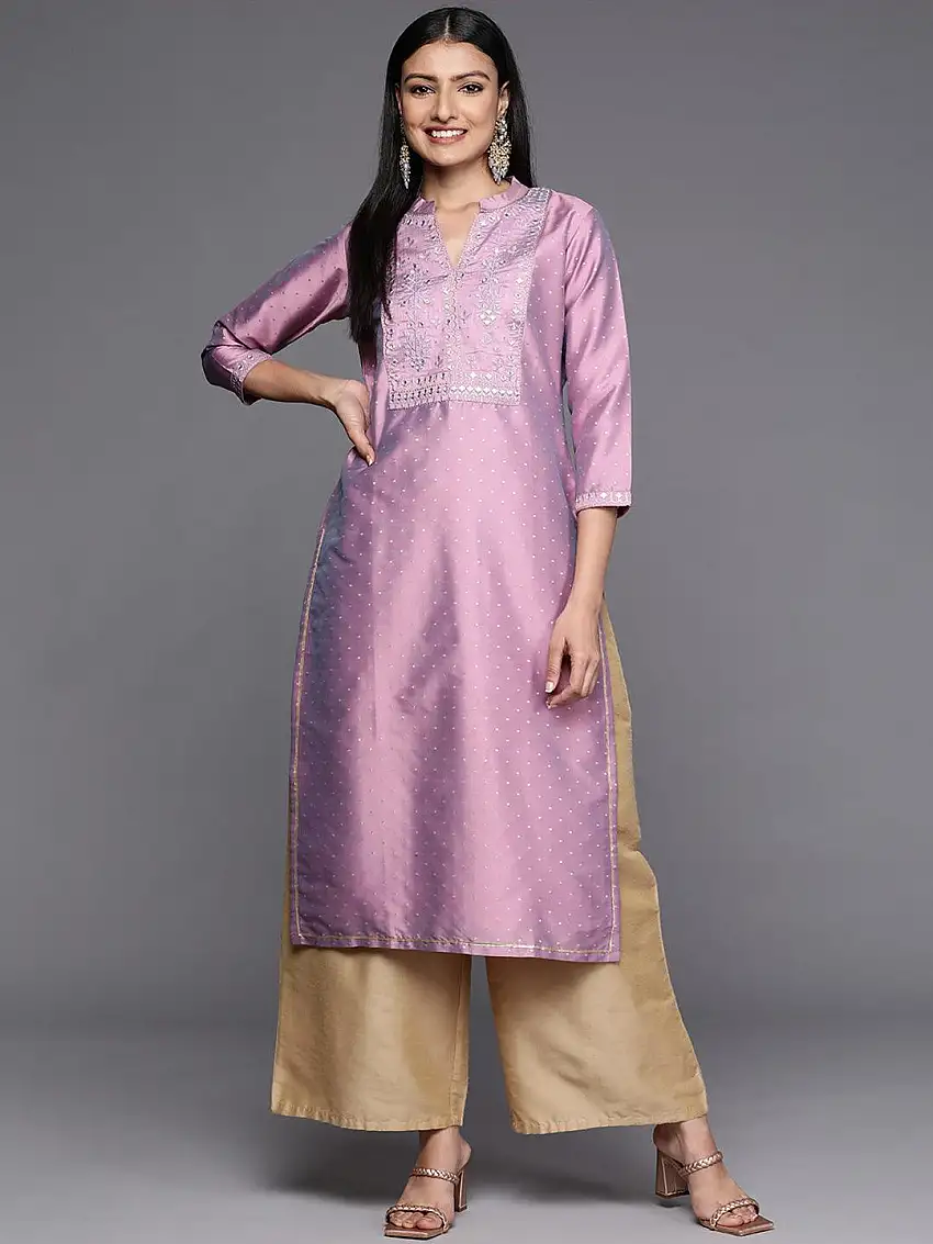 Purple Yoke Design Art Silk Straight Kurta