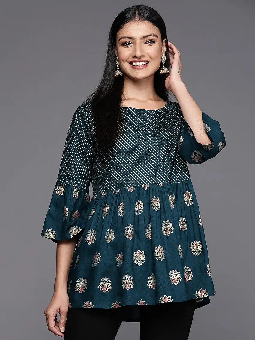 Teal Printed Rayon A-Line Kurti