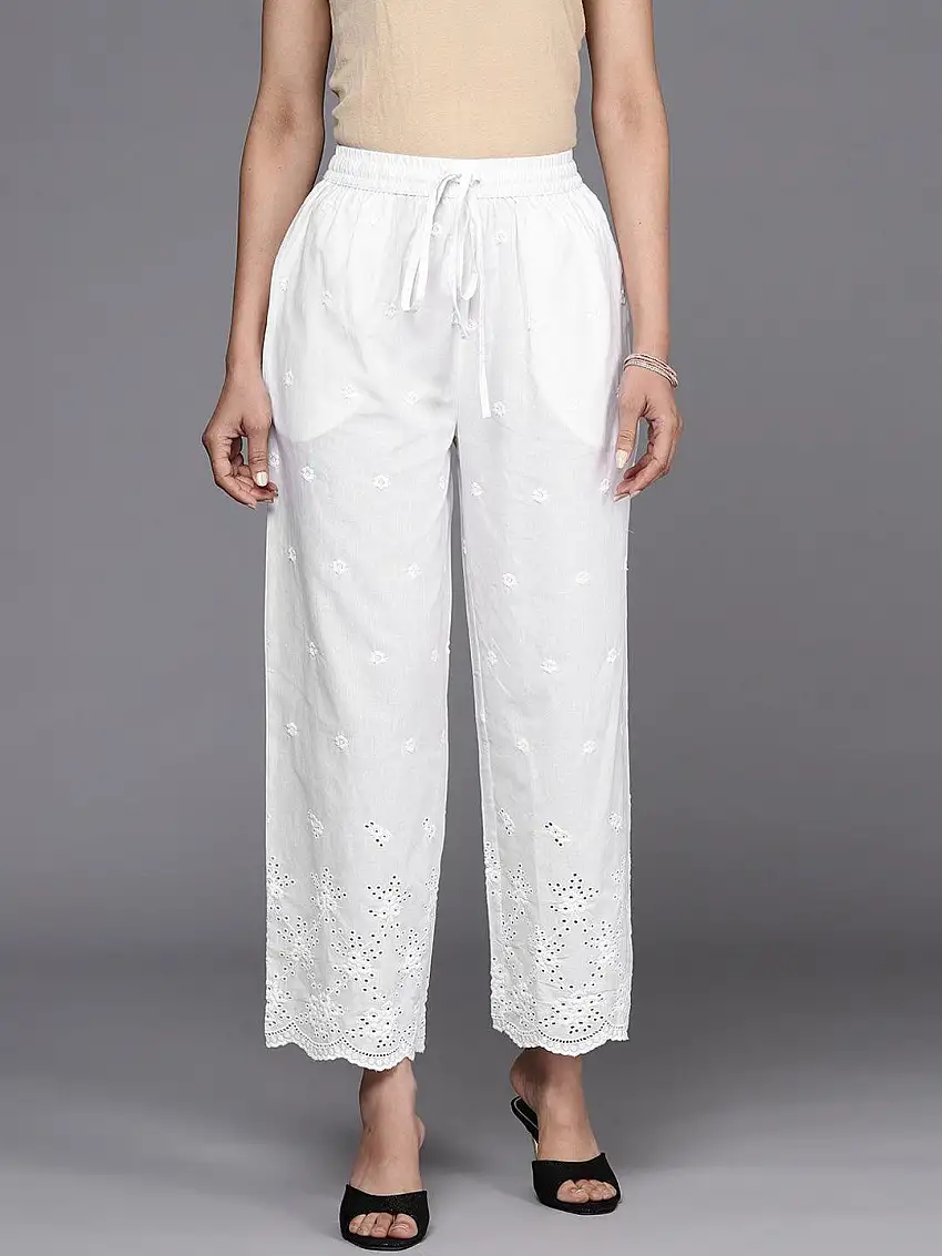 White Embroidered Cotton Palazzos