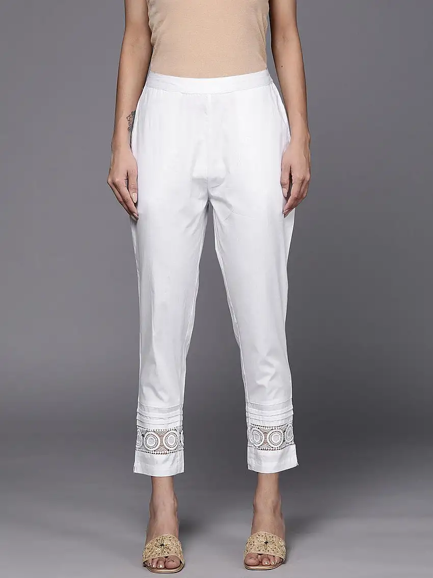 White Solid Cotton Trousers