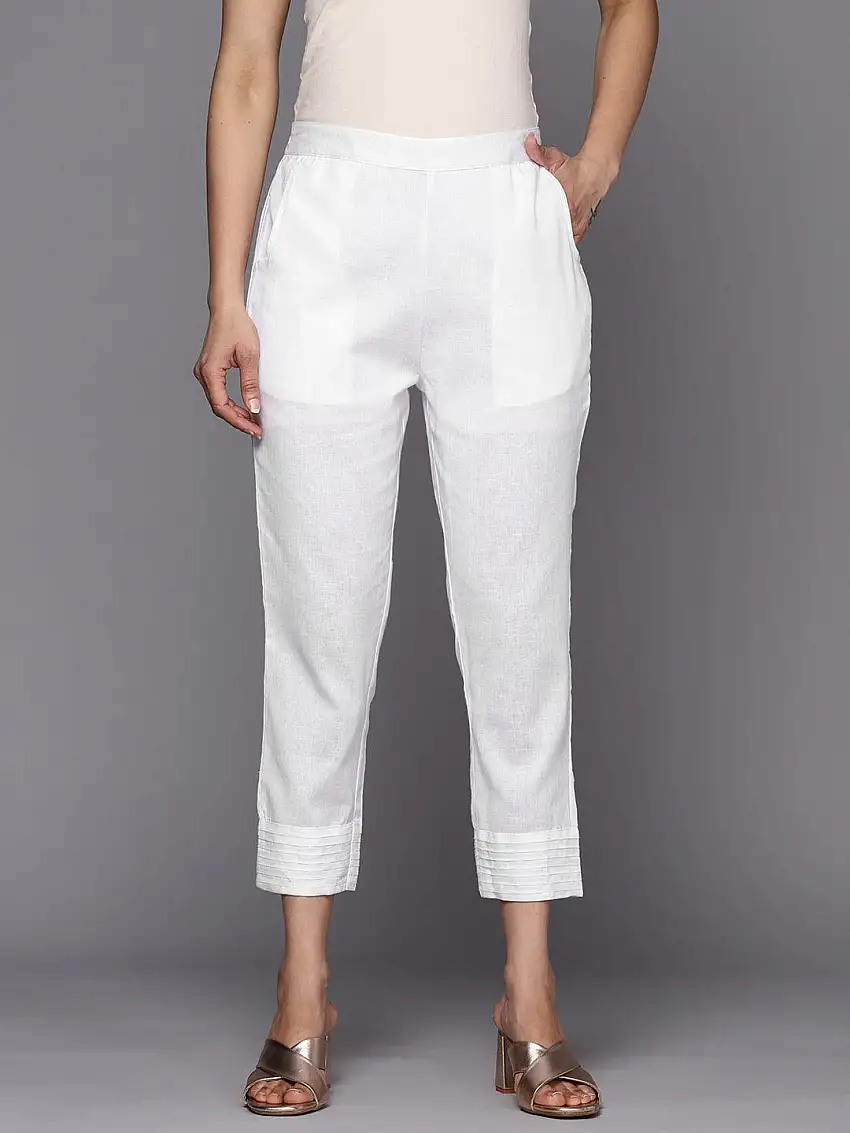White Solid Cotton Trousers