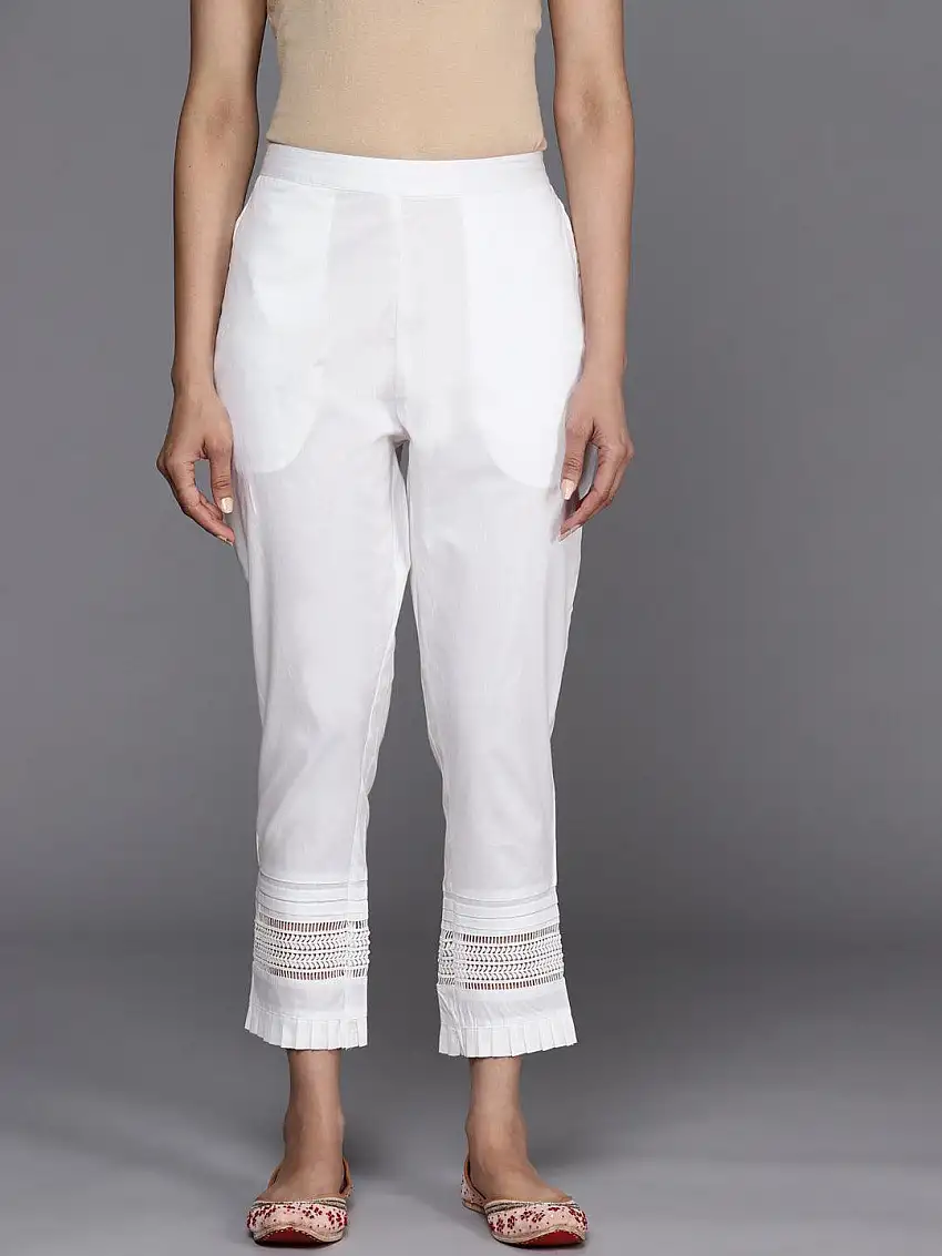 White Solid Cotton Trousers