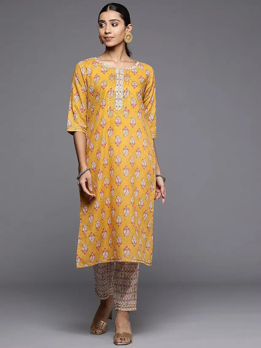 Yellow Printed Cotton Straight Kurta