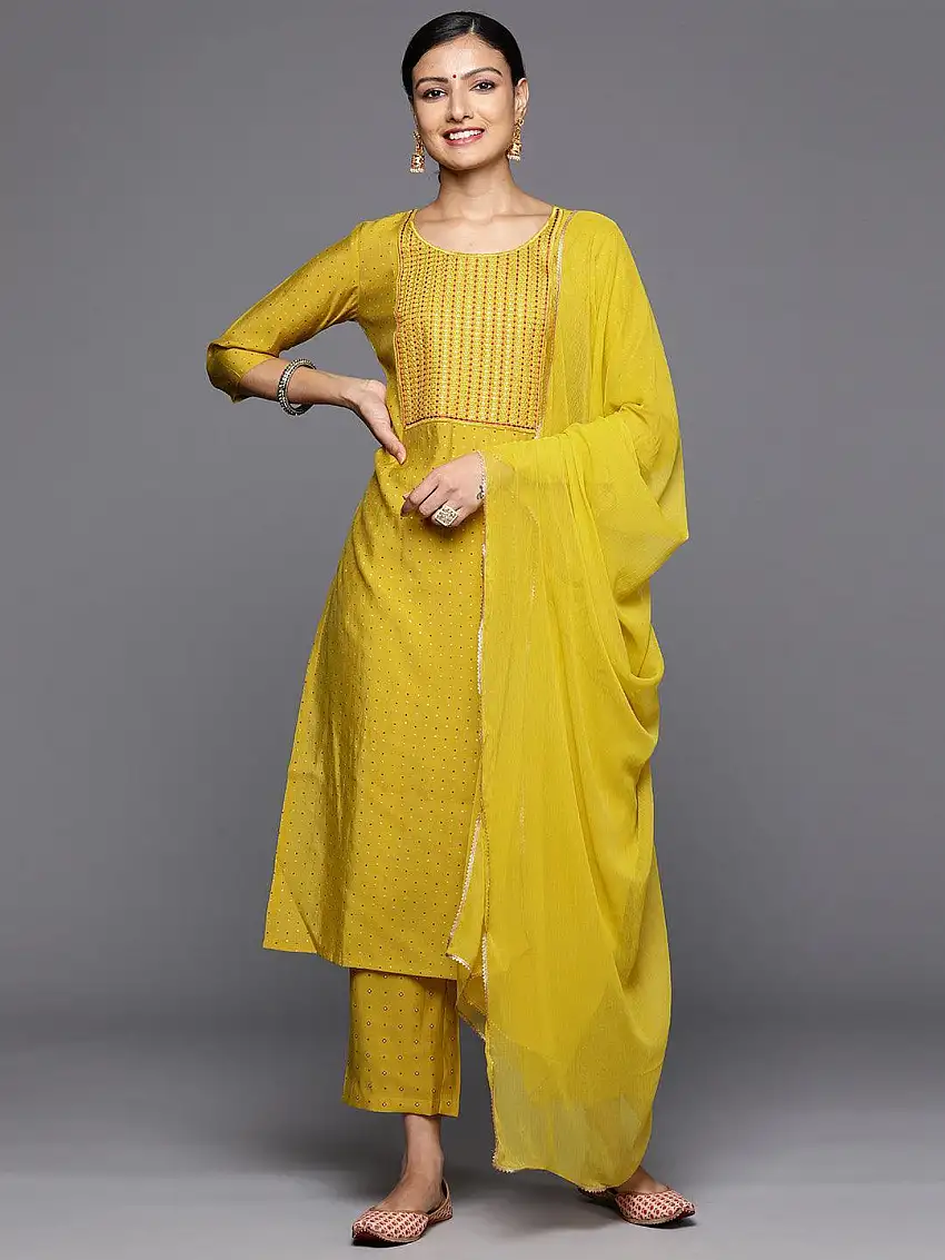 Yellow Printed Silk Blend Straight Kurta With Trousers & Dupatta