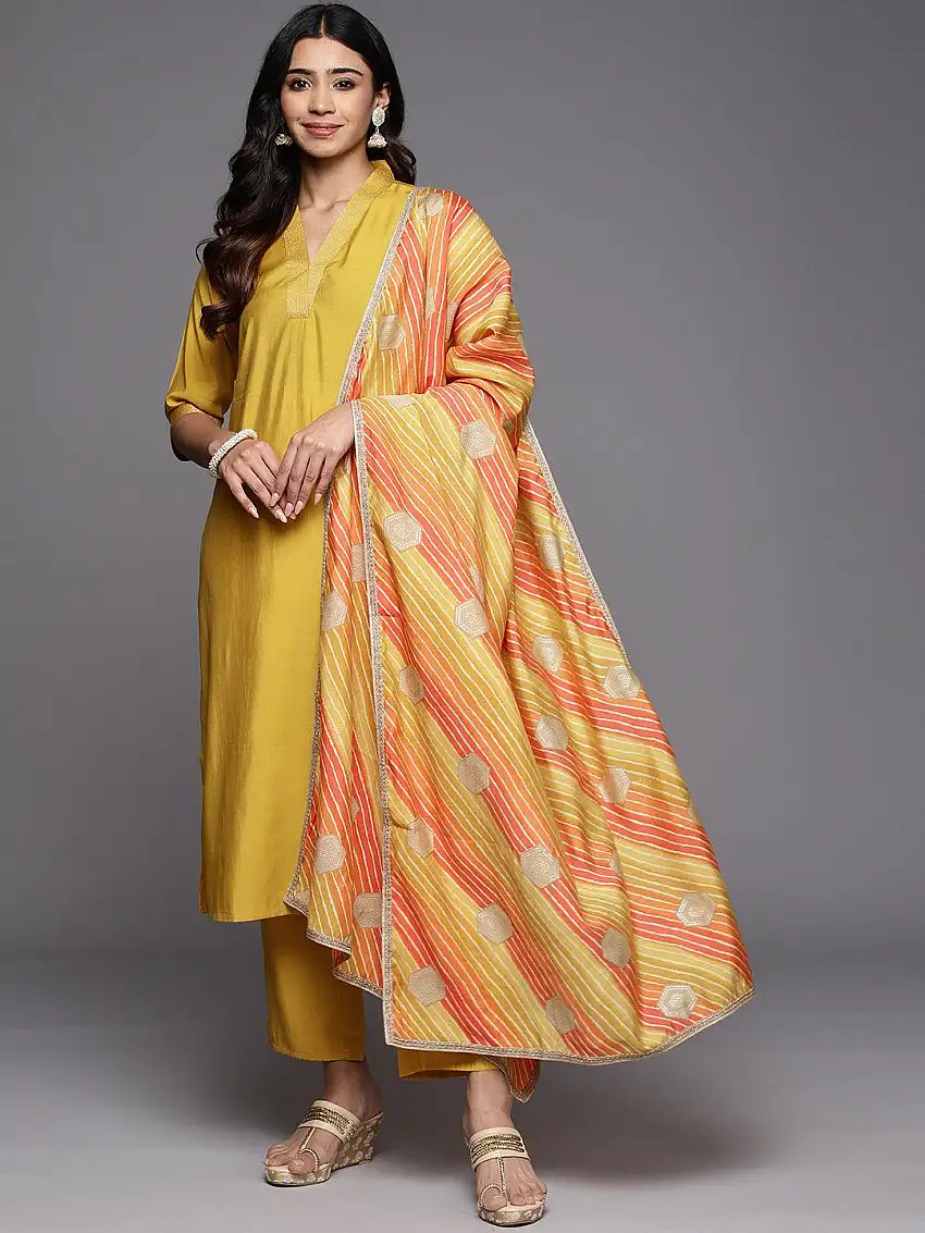 Yellow Solid Silk Blend Straight Suit With Dupatta