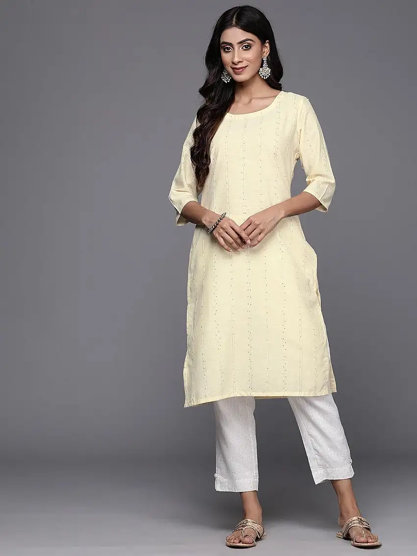 Yellow Woven Design Cotton Straight Kurta