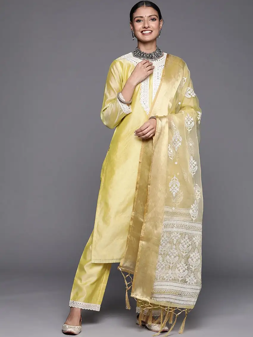 Yellow Yoke Design Chanderi Silk Straight Suit Set