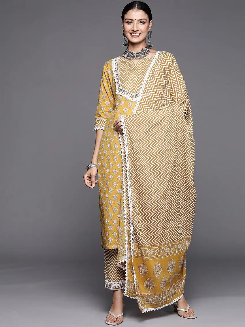 Yellow Yoke Design Cotton Straight Suit Set